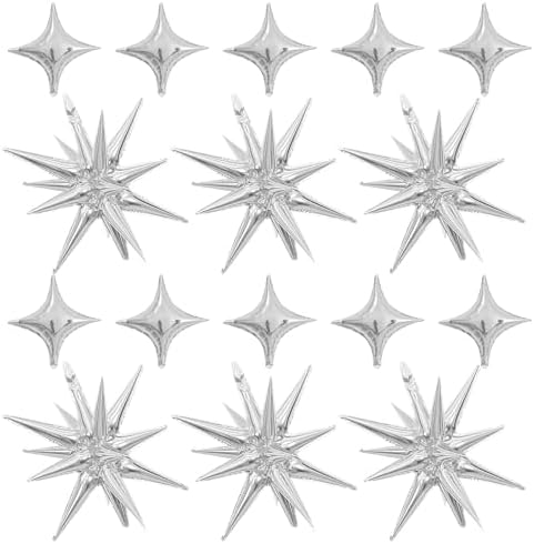 Silver Star Balloons Set with 6Pcs 22Inch Cone Star Foil and 10Pcs 10Inch Four Pointed Star Balloons