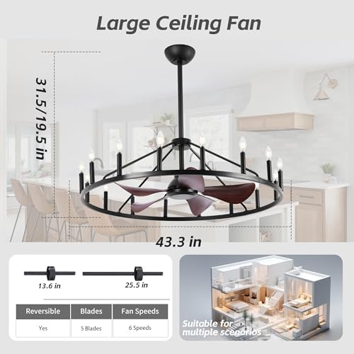 REDSTAR Farmhouse Wagon Wheel Chandelier Fan with Light and Remote
