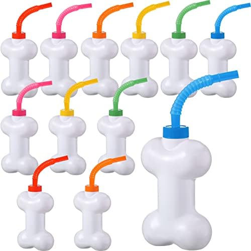 Eaasty 12 Pcs Dog Bone Cups with Straws and Lids 10oz Reusable Set