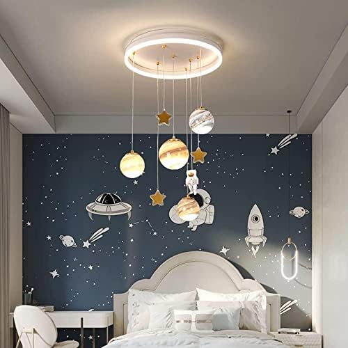 Modern LED Chandelier Glass Ball Flush Mount Ceiling Light for Kids Room Study Bedroom Planet Astronaut Decor