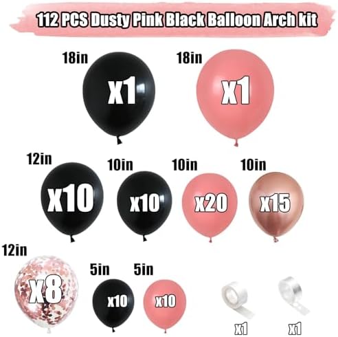 Dusty Pink and Black Balloon Arch Kit with Rose Gold Confetti