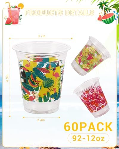 60 Pack Tropical Luau Party Cups with Flamingo and Pineapple Print