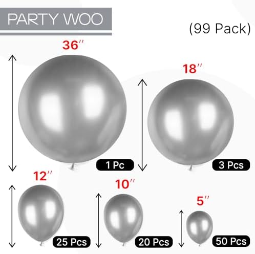 PartyWoo Metallic Silver Balloons 99 Pcs for Decorations