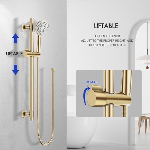 Brushed Gold Handheld Shower Head with Adjustable Slide Bar and Hose