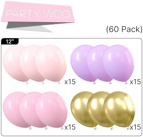 PartyWoo 60 Piece 12 Inch Purple Pink Gold Balloon Set