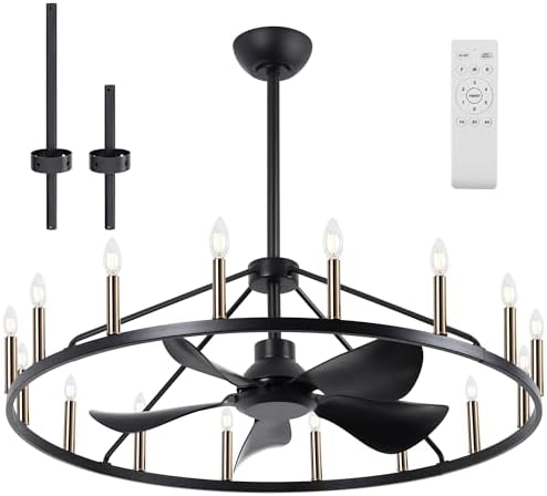 44 Inch Black Gold Wagon Wheel Ceiling Fan with Light
