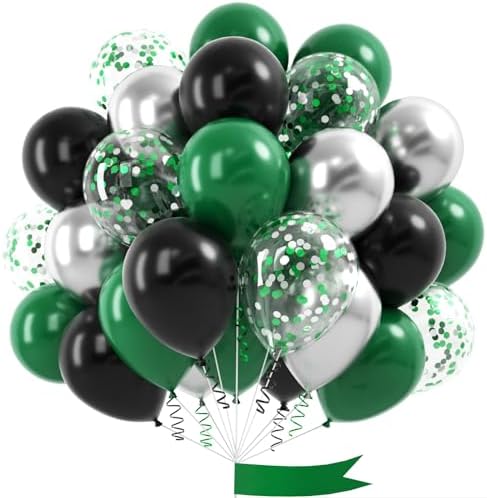60 Piece Dark Green Black Silver Balloons for Decorations