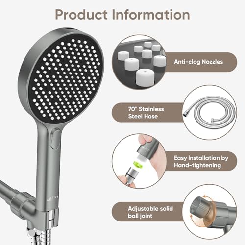 LEIVI High Pressure Handheld Showerhead with 4 Modes and 70 Inch Hose Grey