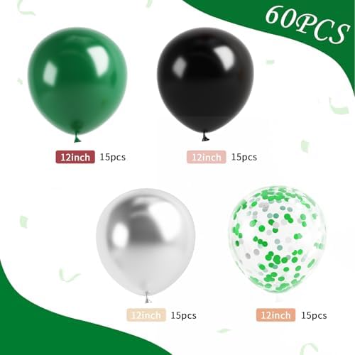 60 Piece Dark Green Black Silver Balloons for Decorations