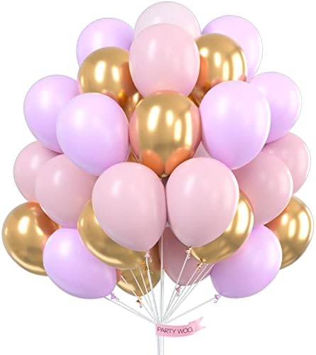 PartyWoo 60 Piece 12 Inch Purple Pink Gold Balloon Set