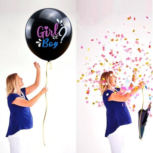 Ysqool Jumbo Gender Reveal Balloon 36 Inch Black with Pink and Blue Confetti