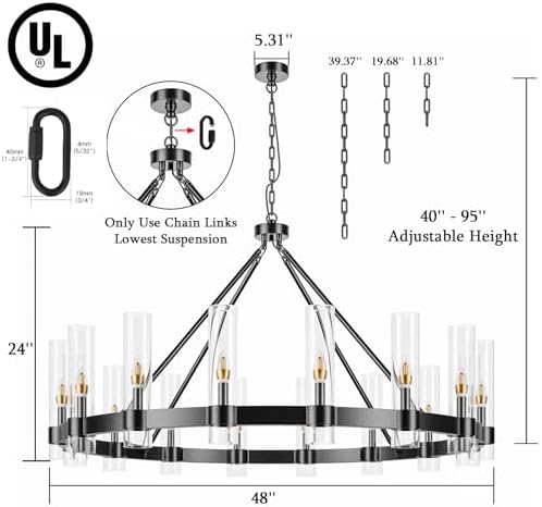 48 Inch Black Wagon Wheel Chandelier with 16 Lights