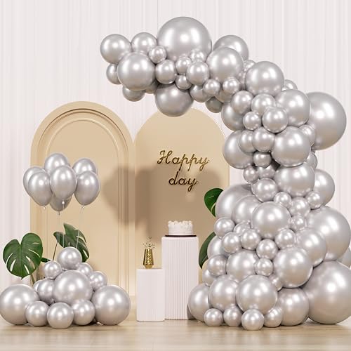 Metallic Silver Balloons 145pcs with 5in 10in 12in 18in for Party Decorations