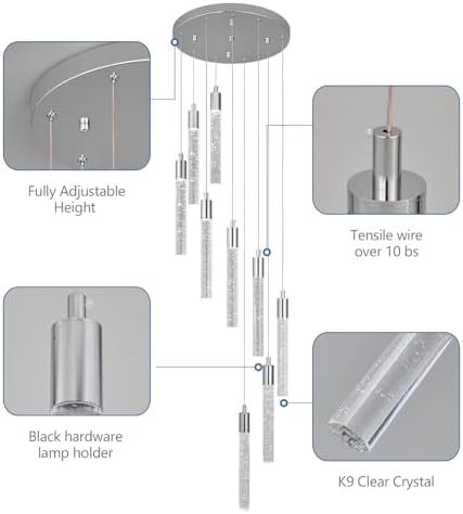 LED 9 Light Chrome Crystal Chandelier Dimmable 54W