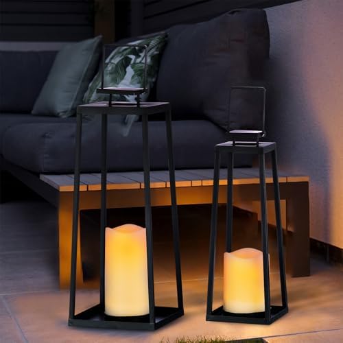 SunnyPark Solar Lantern Set of 2 Modern Black Metal Outdoor Decor