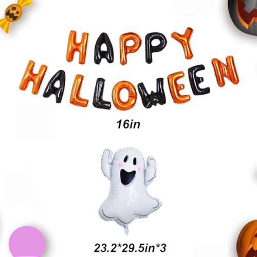 Halloween Balloons Set - 3 Spooky Balloons with Banner and Ribbons
