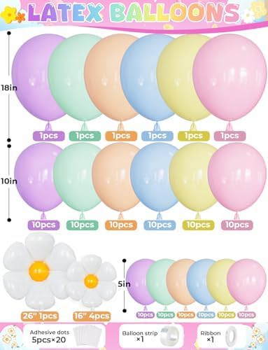 Daisy Balloon Arch Garland Kit - 131 Pcs Pastel Rainbow Balloons for Decorations