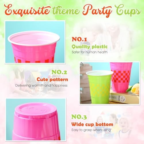 60 Pcs Pink Green Checkered Plastic Cups 16 oz