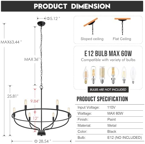 FookChak 6 Light Black Chandelier for Dining Room