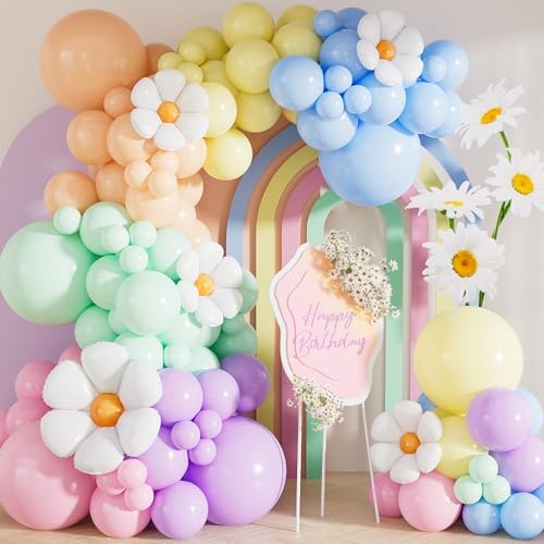 Daisy Balloon Arch Garland Kit - 131 Pcs Pastel Rainbow Balloons for Decorations