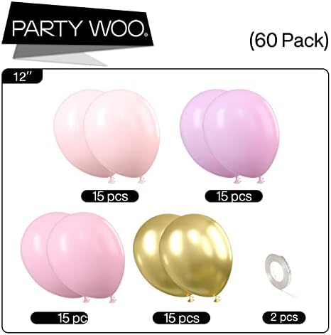 PartyWoo 60 Piece 12 Inch Purple Pink Gold Balloon Set