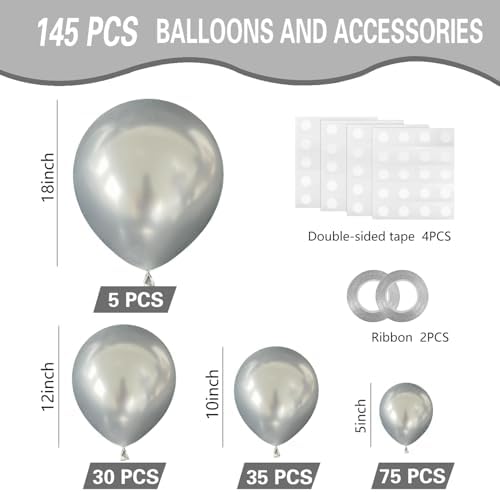Metallic Silver Balloons 145pcs with 5in 10in 12in 18in for Party Decorations
