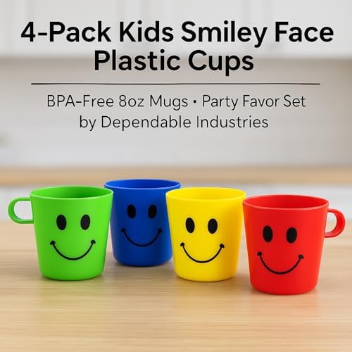 4 Pack Plastic Smiley Face Mug Cups BPA Free