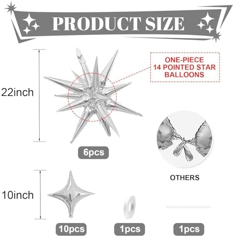 Silver Star Balloons Set with 6Pcs 22Inch Cone Star Foil and 10Pcs 10Inch Four Pointed Star Balloons
