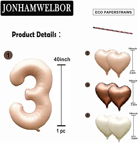 Jonhamwelbor 40 inch Number 3 Balloon with Heart for 3rd Birthday Decor