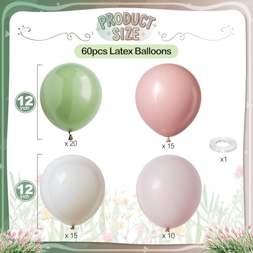 Sage Green and Pink Balloons Set 60 Pcs 12 Inch
