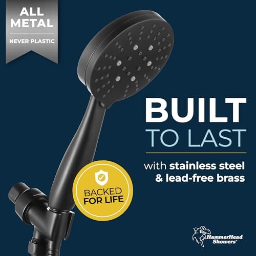 HammerHead Showers All Metal 3-Spray Handheld Shower Head with Long Hose and Holder - Matte Black