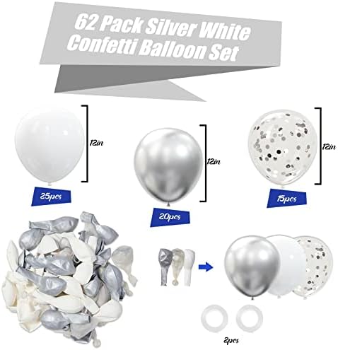 62pcs Silver White Confetti Balloons Party Kit