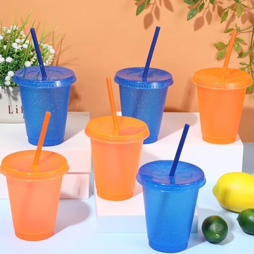 Rtteri 12 Pack Blue Orange Glitter Party Cups with Lids and Straws