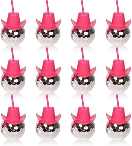 12Pcs Disco Ball Pink Cowgirl Hat Cups with Straws