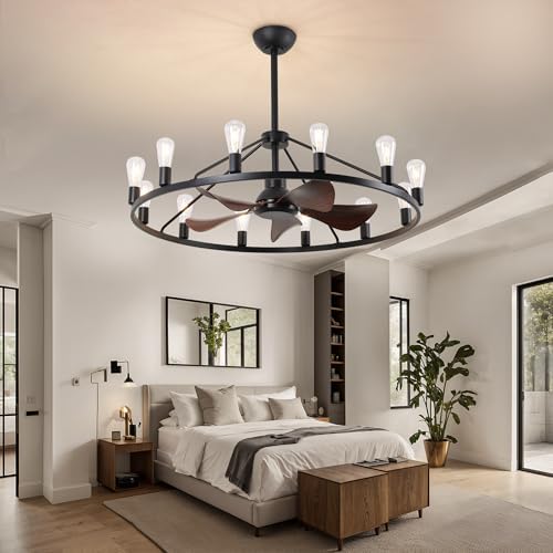 Farmhouse Wagon Wheel Ceiling Fan with Light and Remote