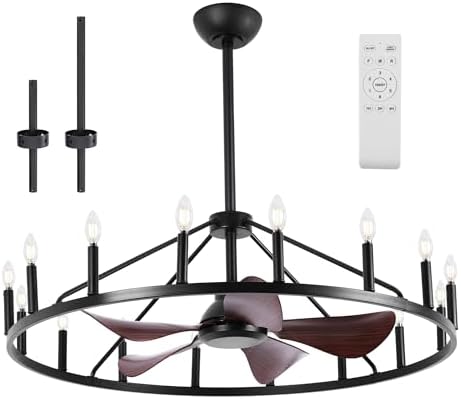 REDSTAR Farmhouse Wagon Wheel Chandelier Fan with Light and Remote