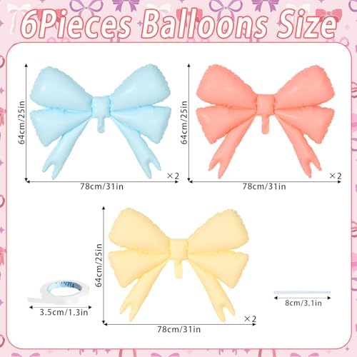 6 Pcs Large Pink Bow Foil Balloons for Birthday Party Decorations