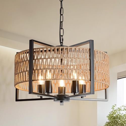 5 Light Rattan Chandelier Modern Farmhouse Design