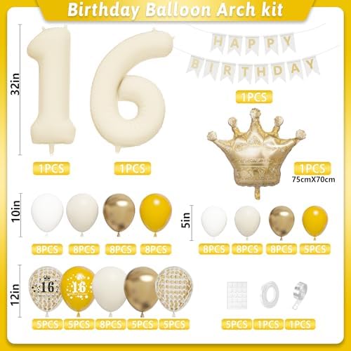 16th Birthday Balloons Garland Arch Kit with Number 16 Foil Balloons