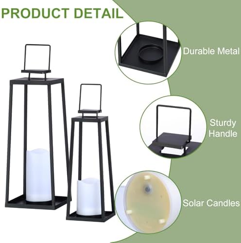 SunnyPark Solar Lantern Set of 2 Modern Black Metal Outdoor Decor