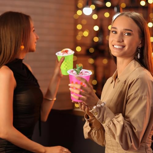 60 Pcs Pink Green Checkered Plastic Cups 16 oz