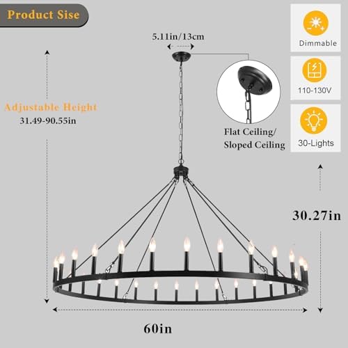 Black 30 Light Wagon Wheel Chandelier 60 Inch