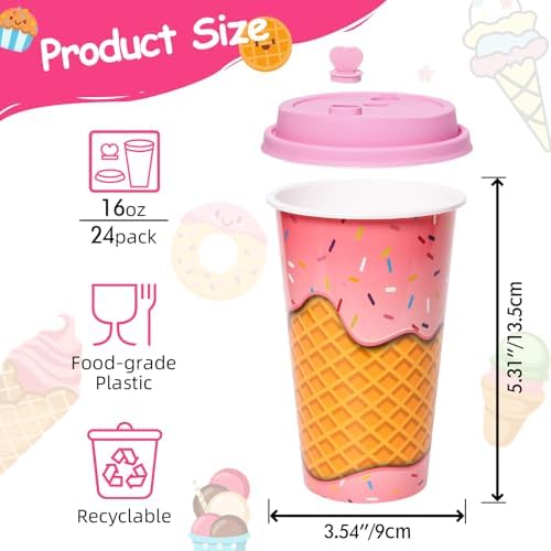 Ice Cream Donut Party Cups 24 Pack with Lids