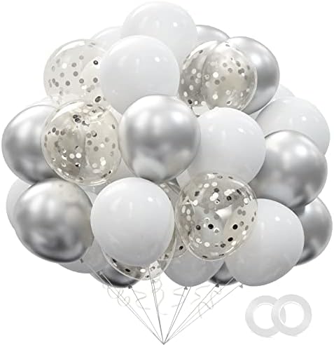 62pcs Silver White Confetti Balloons Party Kit