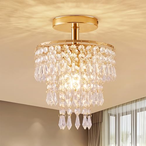 Modern Mini Crystal Chandelier 3-Tier Raindrops Design Gold Finish