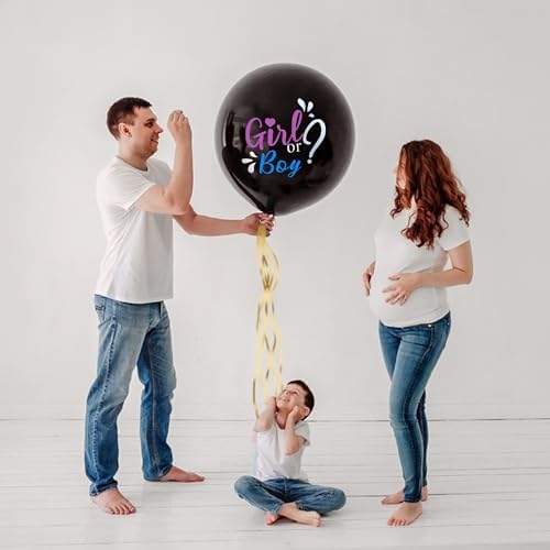 Ysqool Jumbo Gender Reveal Balloon 36 Inch Black with Pink and Blue Confetti