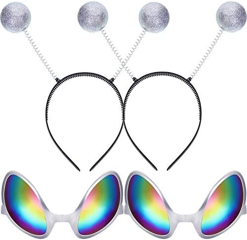 2 Pairs Alien Glasses with Rainbow Lens and 2 Antenna Headband Boppers