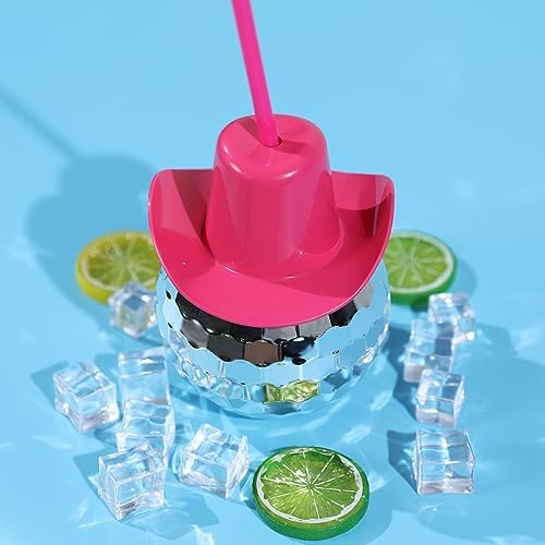12Pcs Disco Ball Pink Cowgirl Hat Cups with Straws