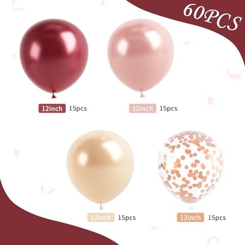 Burgundy Rose Gold Balloons 60 Pcs 12 Inches