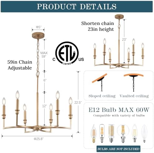 CaraLuxe 6 Light Gold Chandelier Dining Room Fixture 26in